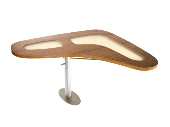 boomerang swivel dining table of hardwood, resin and steel