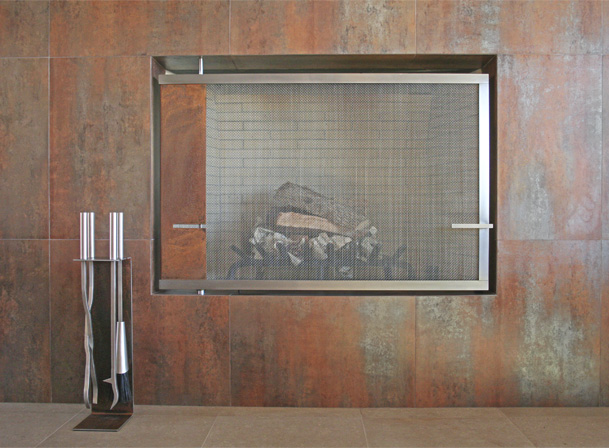 built in swiveling fire screen and fire tools