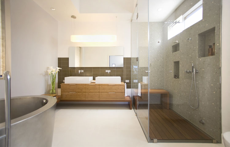 master bathroom with stainless soaking tub and steam shower